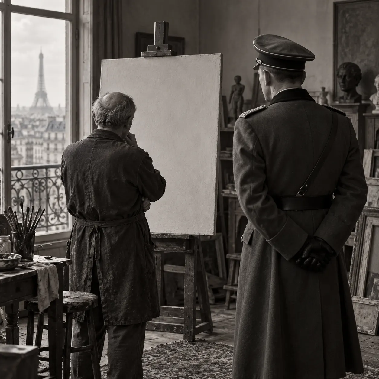 original AI-generated symbolic scene of two anonymous figures in an occupied-era Paris studio looking at a blank canvas. It is not a historical photograph or a depiction of a verified encounter.