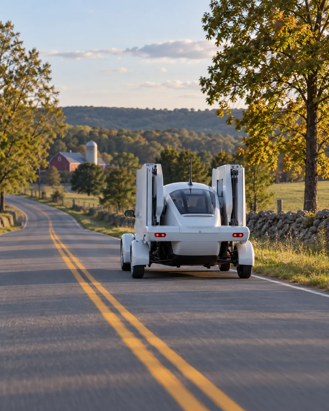 AI-generated generic roadable aircraft traveling on a road after its wings are folded; not evidence of actual road approval or a Terrafugia road test. Prompt: “Photorealistic editorial image of a generic small roadable aircraft being driven slowly on a quiet public road after its wings have folded, viewed from behind at a safe distance, rural road, vertical 4:5. Conceptual illustration only, not an actual Terrafugia Transition road test or certification evidence, no logos or readable text.” Generated 2026-10-19.