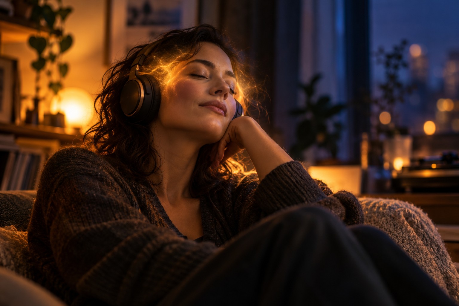 AI-generated editorial cover illustration of a listener absorbed in music; symbolic glow, not a literal scan. Generated with OpenAI image generation on 2026-10-25. Prompt: “A polished editorial illustration for a science magazine: an adult listening to headphones in a dim, intimate room, eyes gently closed, absorbed in a favorite piece of music. A subtle translucent warm glow around the temples hints at brain activity without showing literal anatomy. Cinematic amber and indigo light, photographic realism, natural details, thoughtful mood, no text, labels, symbols, diagrams, panels, or collage. Clearly an artistic illustration, not documentary evidence.” Converted from PNG to JPEG for package size.