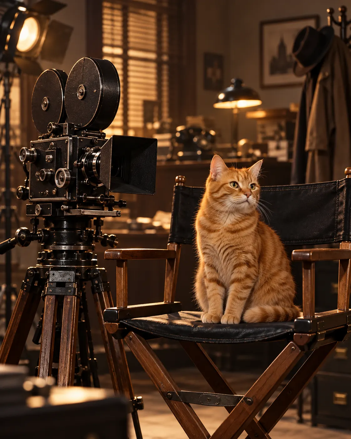 AI-generated symbolic image of a cat on a period film set; it is not a scene from The Godfather and shows no actor.