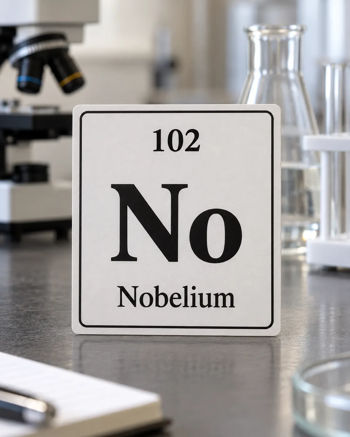 AI-generated editorial image of a periodic-table tile with the correct symbol No and atomic number 102. Prompt: “Photorealistic vertical 4:5 close editorial image of a clean periodic-table element card on a science desk. The card must show only the exact readable characters: a small 102 at the top, a large No in the center, and the word Nobelium at the bottom, spelled exactly N-o-b-e-l-i-u-m. This is the correct symbol and atomic number for nobelium. Neutral lab background, no other text, no logos, no sample of the element.” Generated 19 October 2026. The visible text and values were checked visually.