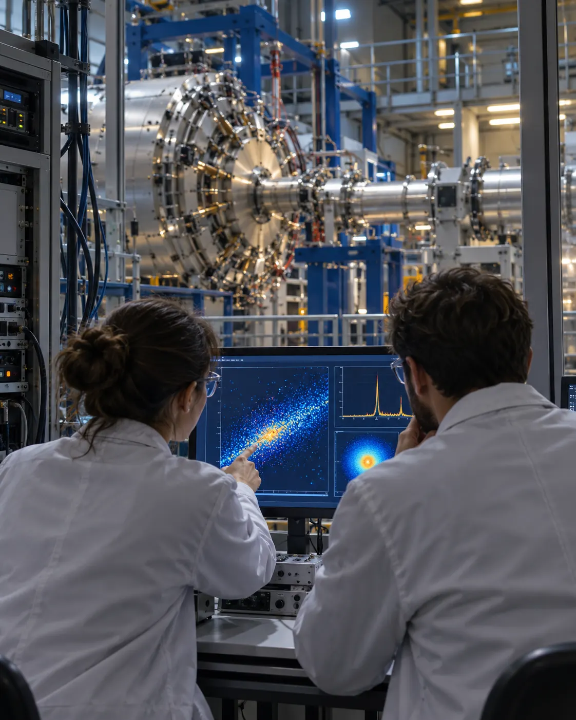 AI-generated fictional research team examining detector data in a heavy-ion laboratory; not a depiction of the early nobelium discovery or actual scientists. Prompt: “Photorealistic vertical 4:5 editorial science scene: two fictional nuclear chemists seen from behind reviewing a glowing detector display in a heavy-ion research laboratory, discussing the search for a rare short-lived element. Generic imagined lab, not a real nobelium discovery event or real scientists. No physical nobelium sample, no readable text, numbers, logos or labels.” Generated 19 October 2026.