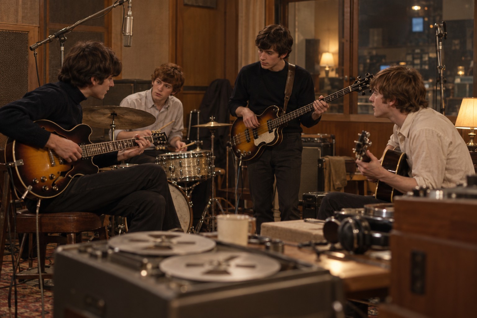 AI-generated editorial reconstruction of an unnamed 1960s-style group working out a song together by ear; not the Beatles. Generated with OpenAI image generation on 2026-10-25. Prompt: “A photorealistic editorial illustration of four young musicians in a 1960s recording studio, working out a song by listening and playing together: two guitars, a bass, a small drum kit, microphones, analog tape equipment, warm studio light. No recognizable real people, no brands, no legible text, no sheet-music notation, no labels, no panels, no collage. The scene should suggest learning by ear through attentive collaboration, with natural documentary-style detail.” Converted from PNG to JPEG.