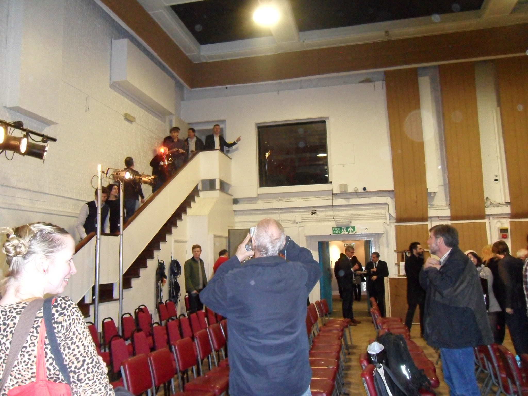Contemporary view of Abbey Road Studio 2, not a Beatles-era recording photograph; Joseph P. Riley, CC BY 2.0. Wikimedia Commons file page: https://commons.wikimedia.org/wiki/File:Recording_the_Beatles,_stairway_to_the_control_room,_Abbey_Road%27s_Studio_2.jpg. Attribution: Joseph P. Riley; no edits.