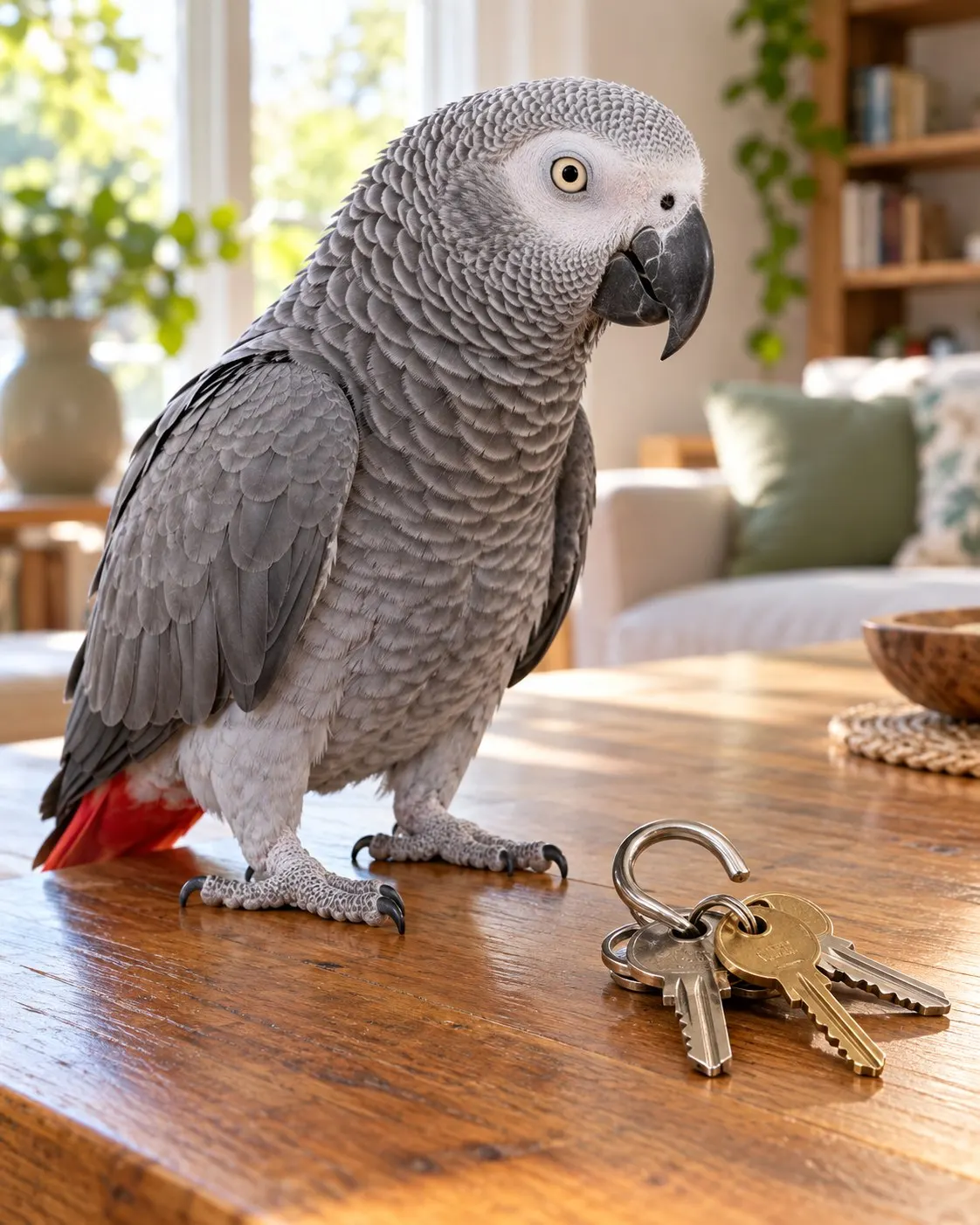 AI-generated cover of a fictional African grey parrot beside a generic S-shaped keyring; not Smudge and not a record attempt. Prompt: “Photorealistic vertical 4:5 editorial cover of an African grey parrot perched calmly beside an S-shaped metal keyring holding several plain keys on a wooden table, bright natural home light, bird and keys both clearly visible. Fictional illustrative scene, not the real parrot Smudge and not a record attempt. No text, logos or labels.” Generated 20 October 2026.