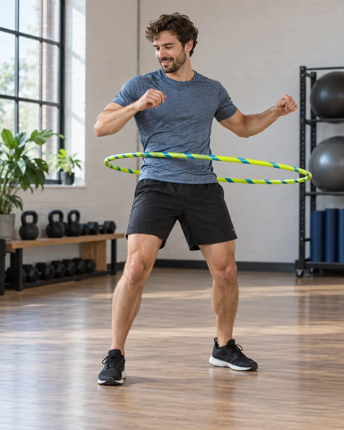 AI-generated cover of a fictional adult man practicing with a hula hoop; not Aaron Hibbs or his record attempt. Prompt: “Photorealistic vertical 4:5 editorial cover of a fictional adult man practicing with a bright hula hoop in a simple indoor gym, full body visible, hoop circling his waist, energetic but calm sports documentary style, natural light. Not Aaron Hibbs or his record attempt; no marathon duration implied. No text, logos, numbers or event signage.” Generated 20 October 2026.