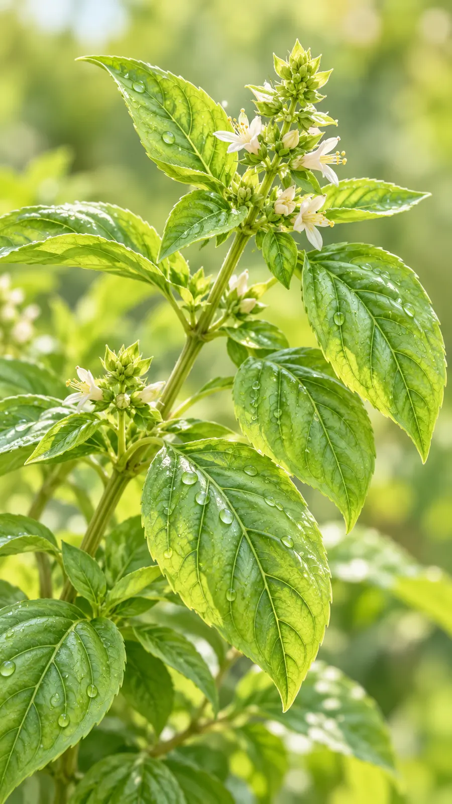 AI-generated botanical close-up of lemon basil leaves and flowers, illustrating the herb only.