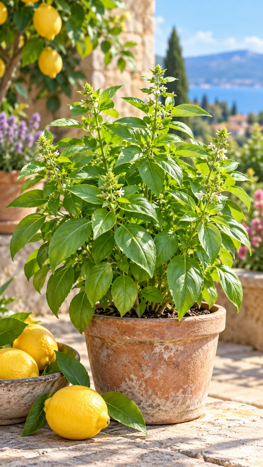 AI-generated cover illustration / Титульна AI-ілюстрація of lemon basil in a pot with lemons. Not a documentary photograph and not an image of an insect-repellent trial.