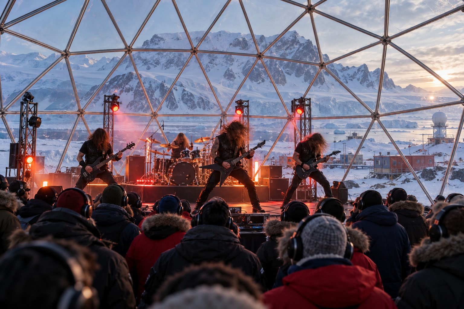 AI-generated editorial reconstruction of an unnamed metal group performing in an Antarctic dome; not Metallica and not documentary evidence. Generated with OpenAI image generation on 2026-10-25. Prompt: “A photorealistic editorial illustration of a small heavy-metal band performing inside a transparent geodesic dome on an Antarctic research station, snow and blue-white polar landscape visible outside, a bundled audience wearing headphones because sound amplification is contained. Dynamic stage light contrasts with cold daylight, dramatic but plausible documentary-style composition. No identifiable musicians, no logos, no words, no labels, no collage. Clearly an illustrative reconstruction, not a documentary image.” Converted from PNG to JPEG.