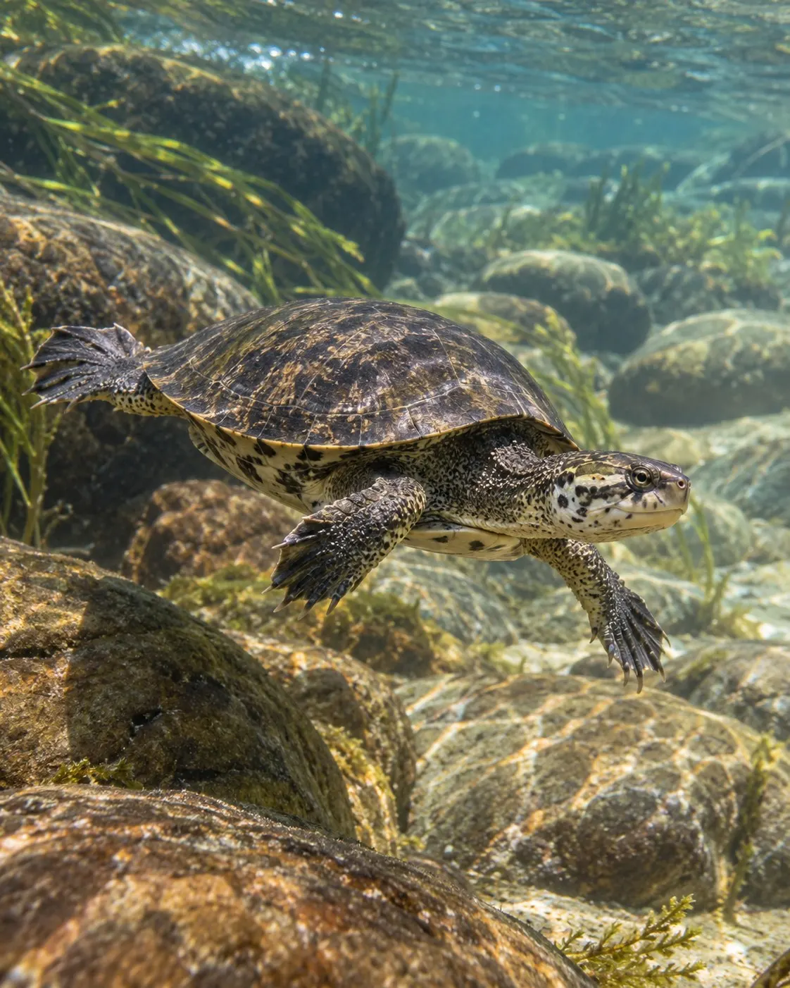 Титульна AI-згенерована ілюстрація / AI-generated cover illustration. A Fitzroy River turtle swimming in its Queensland river habitat.