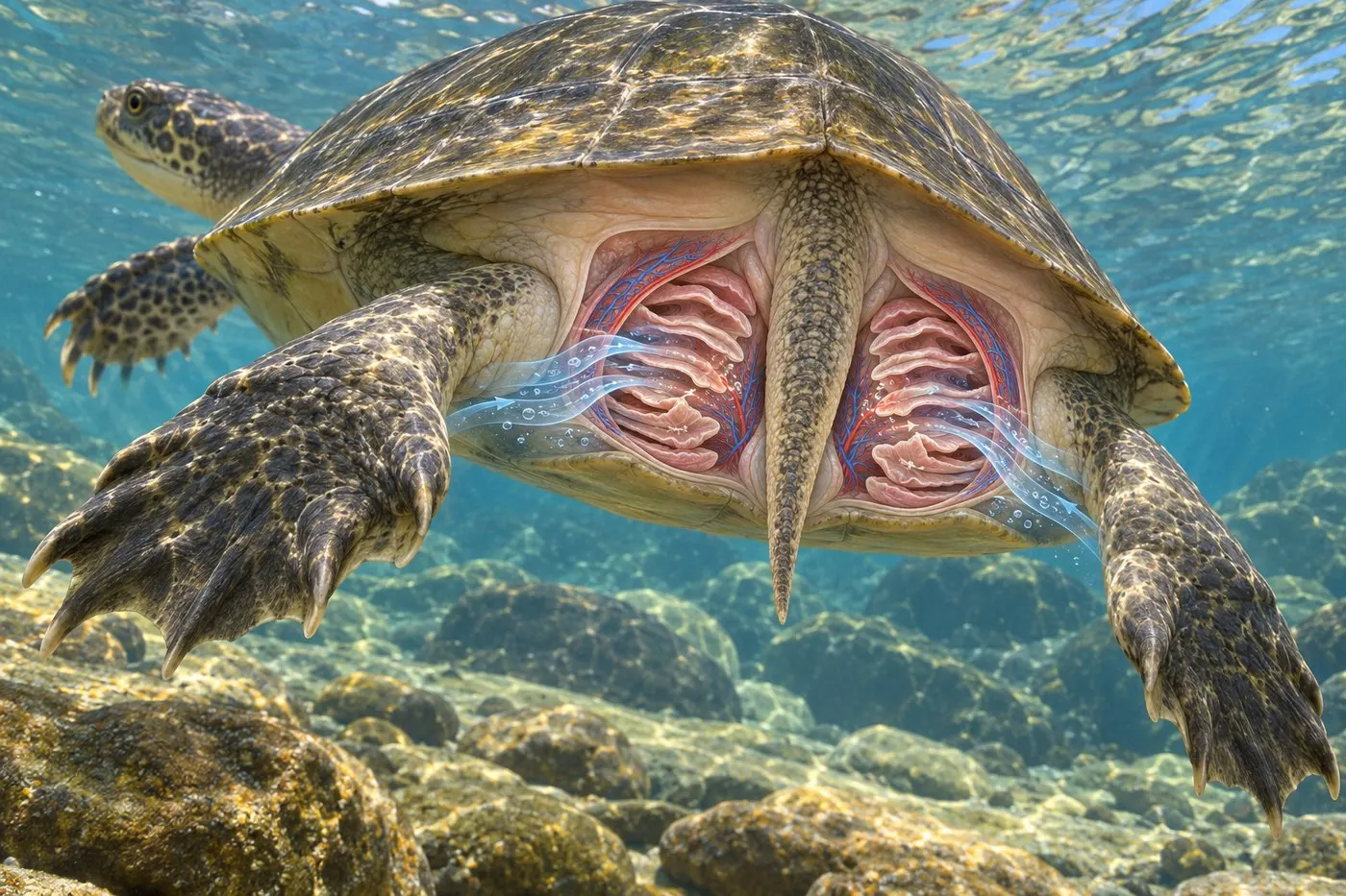 AI-generated educational cutaway showing paired cloacal bursae and water flow beneath a turtle's tail.