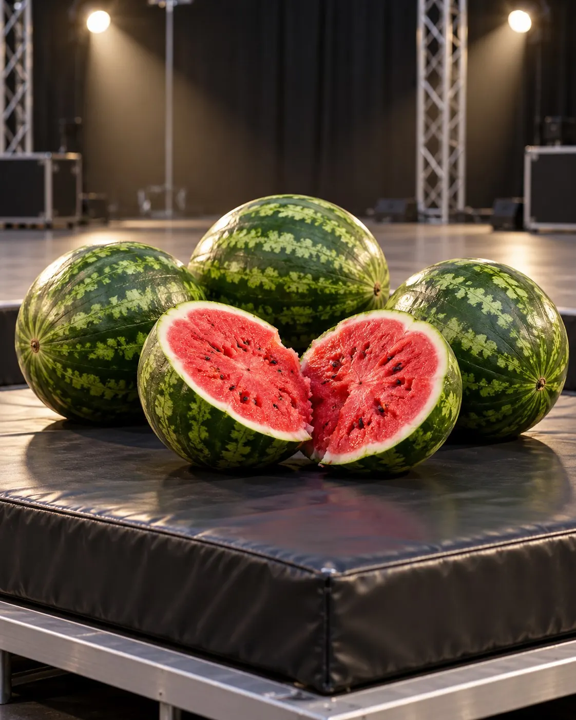 AI-generated cover of three whole watermelons and one split melon on a stage platform; no person or crushing action, and not Liashchuk’s record event. Prompt: “Photorealistic vertical 4:5 editorial still life of three whole watermelons and one freshly split watermelon on a clean padded display platform at a small indoor record-event stage, juicy red flesh visible, green rind, soft spotlights, no people. Generic fruit display, not Olha Liashchuk or her record attempt. No crushing action, no text, logos or numbers.” Generated 20 October 2026.