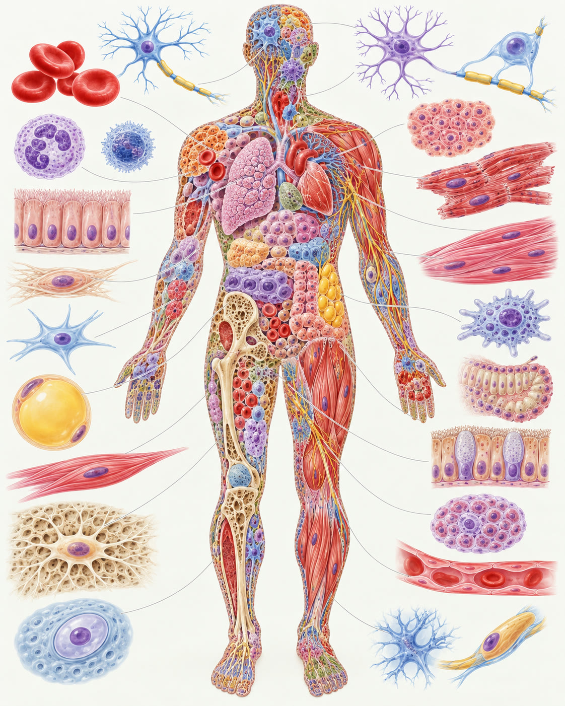 AI-generated conceptual illustration of diverse cell shapes around a human silhouette; no numerical representation. Generated 2026-10-29. Prompt: “Vertical 4:5 scientific illustration of the human body as a mosaic of diverse cells, from red blood cells to nerve cells and muscle cells, arranged around a subtle human silhouette. Clean editorial textbook style, elegant and accurate cell shapes, no labels, text, numbers, or exact cell counts.”