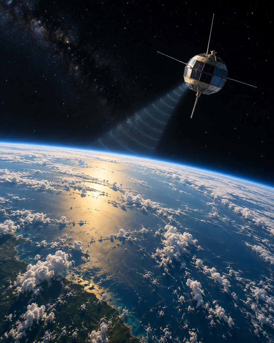 AI-generated cover (created 2026-10-19), showing a generic early communications satellite above Earth. Exact prompt: “Photorealistic editorial cover for a fact about Arthur C. Clarke's 1945 geostationary satellite proposal: a small early communications satellite above Earth's curved equatorial horizon, with a faint radio signal beam, vertical 4:5. Historically evocative but generic, no text, no logos, not presented as a photograph from 1945.”