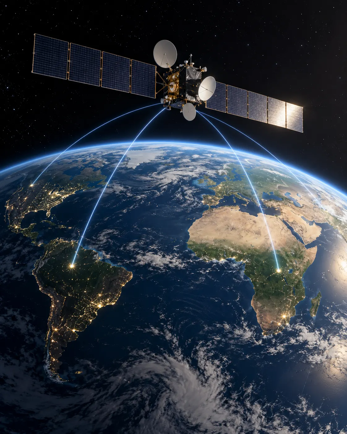 AI-generated scientific visualization (created 2026-10-19) of a generic satellite relaying signals above Earth; not a specific real satellite. Exact prompt: “Photorealistic editorial visualization of a geostationary communications satellite above Earth's equator, with the planet's curvature visible and subtle radio links reaching distant continents, vertical 4:5. Accurate scientific illustration, one satellite, no labels or text, not a specific real satellite.”