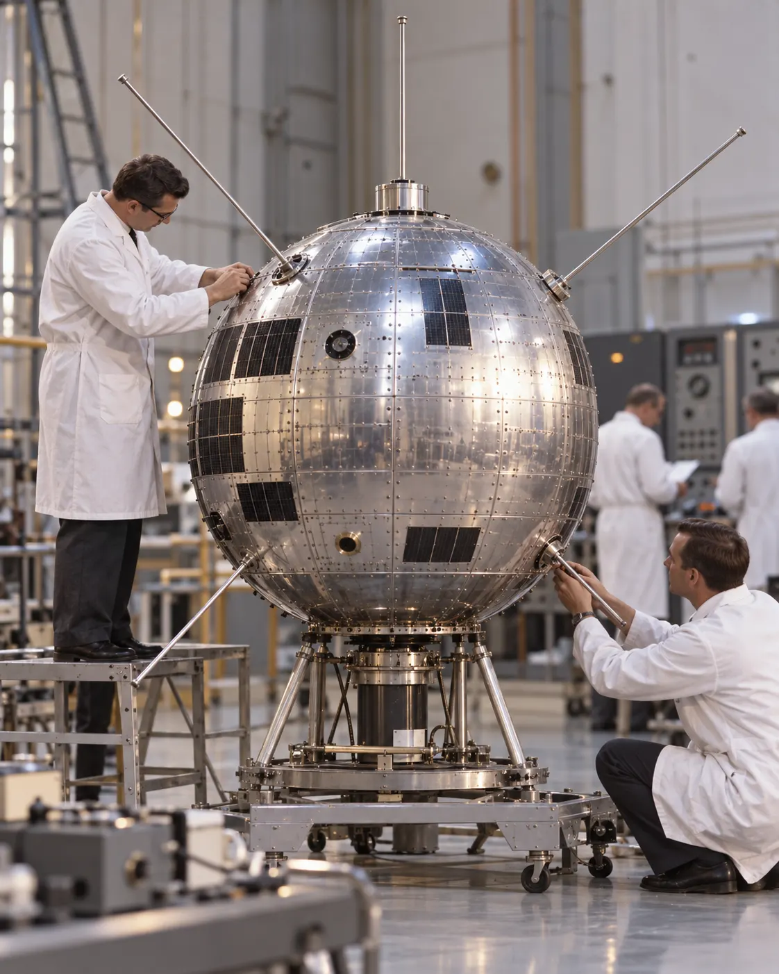 AI-generated editorial reconstruction (created 2026-10-19) of an early 1960s satellite being assembled; not a documentary photograph or a specific Telstar. Exact prompt: “Photorealistic editorial image of an early 1960s communications satellite being prepared in a clean spacecraft workshop, spherical metallic body with simple antennas, technicians in period clothing in soft focus, vertical 4:5. Generic scene inspired by the dawn of satellite communications, not a specific Telstar photograph, no readable text or logos.”
