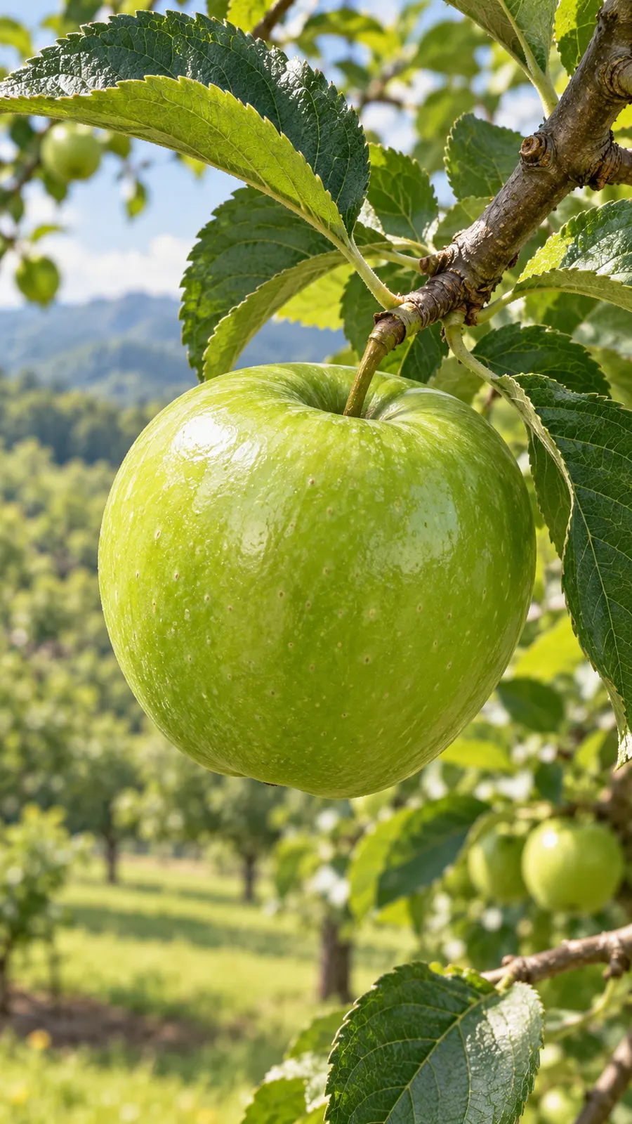 AI-generated green apple in an orchard, illustrating a natural apple; not a photograph or GMO evidence. Origin: OpenAI image generation, 2026-10-25.