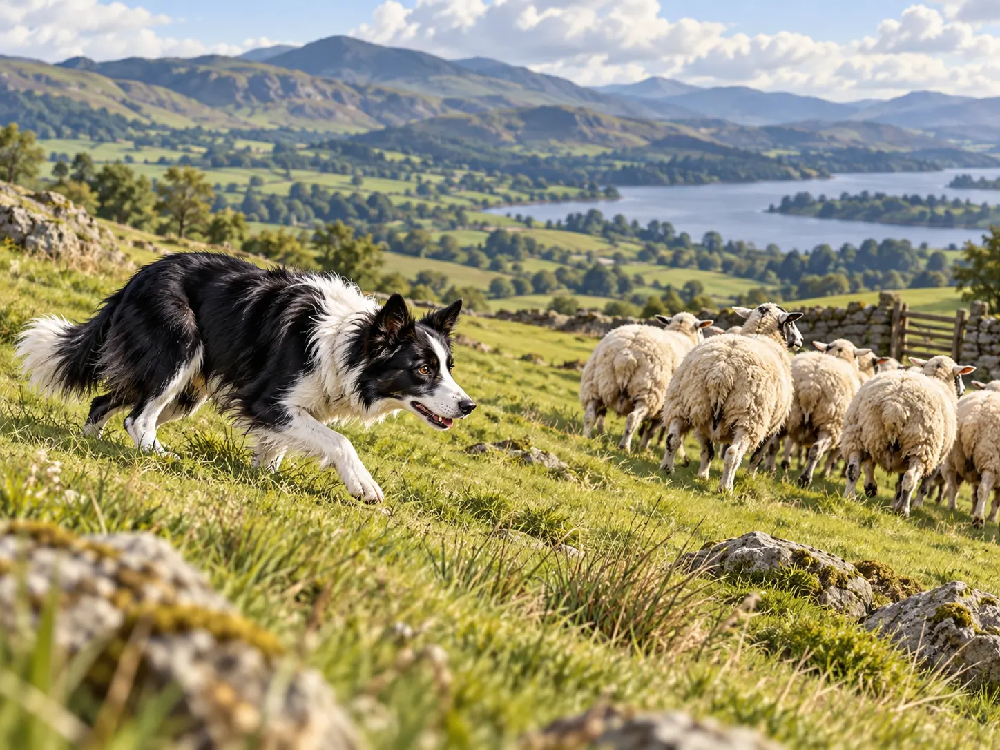 original AI-generated editorial illustration of a Border Collie herding sheep. Generated for this package on 2026-10-13. No external creator, URL, or third-party license applies; the project may reuse it. It is illustrative, not evidence of a cognitive ranking. Both language versions disclose the AI origin.