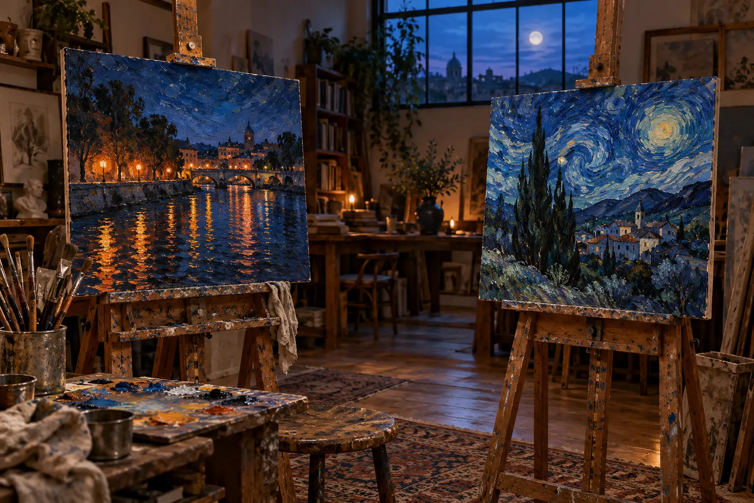 Титульна AI-ілюстрація / AI-generated cover illustration. Two invented night landscapes on easels in one coherent studio; symbolic comparison, not exact reproductions or Van Gogh’s documented studio.