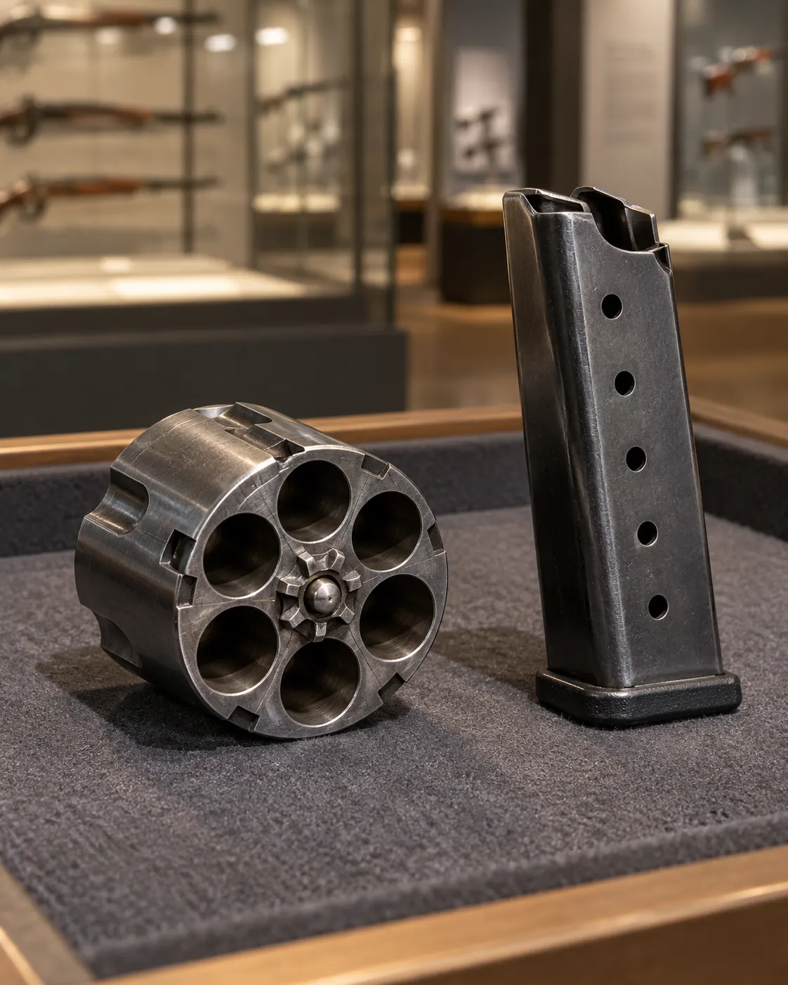 AI-generated close-up of an empty rotating cylinder and a separate semiautomatic pistol magazine, laid out as museum objects; illustrative, not a technical guide.