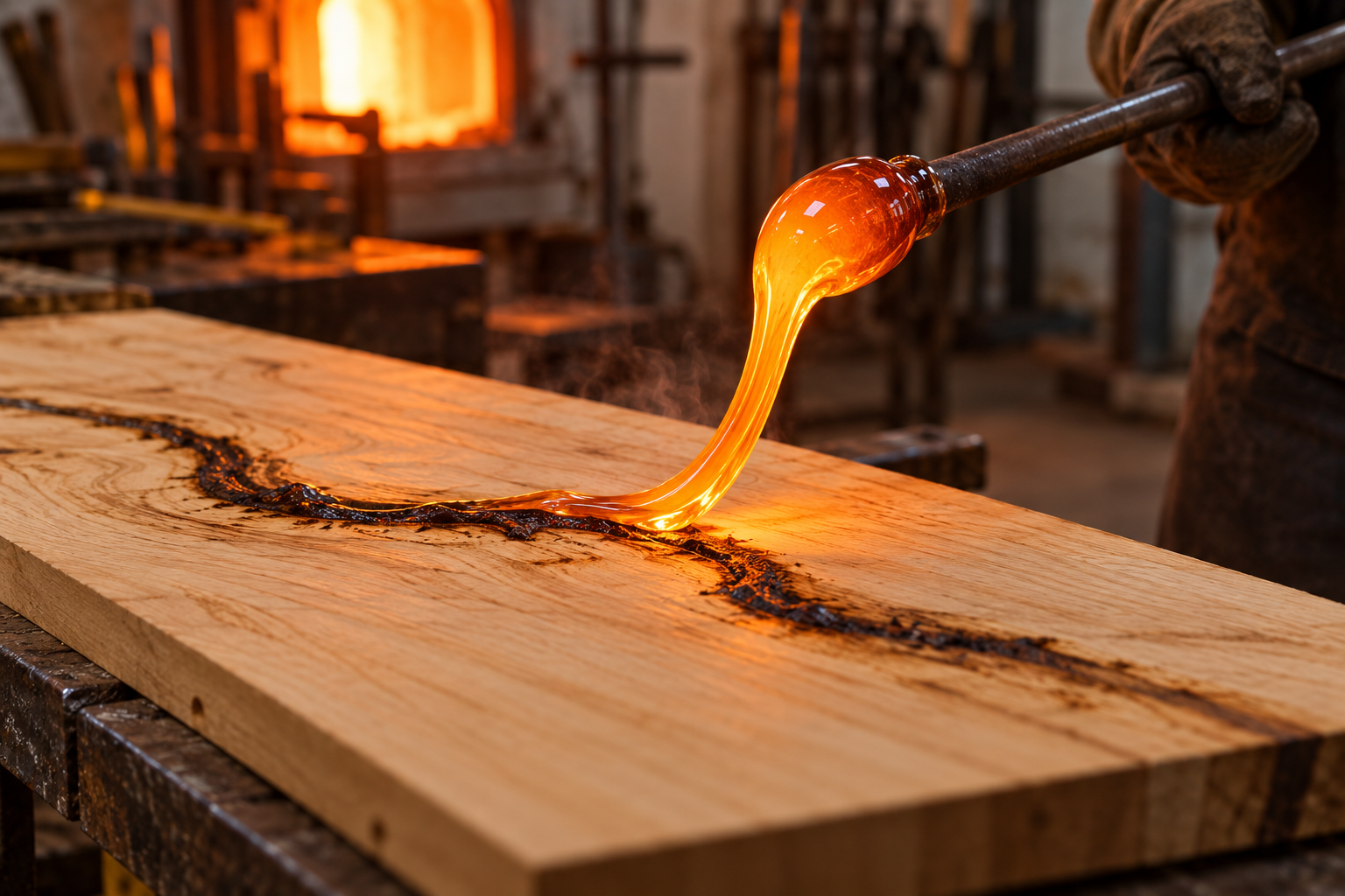 AI-generated close view of a thin stream of glowing glass touching wood and producing a scorched line.