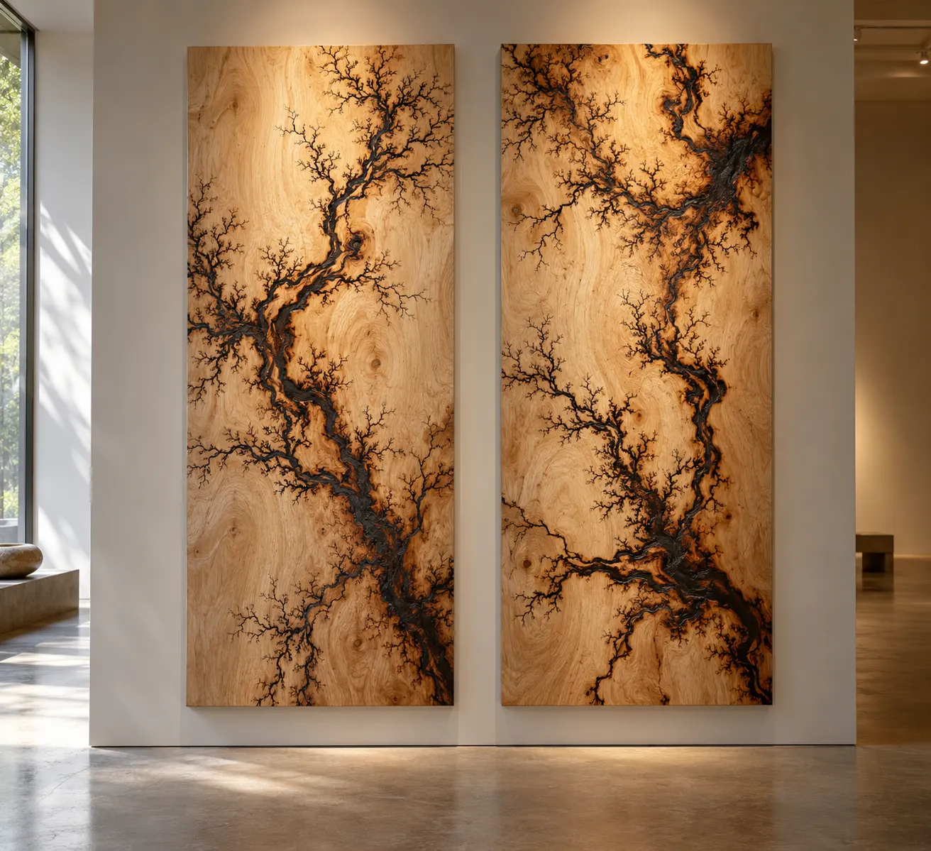 AI-generated gallery view of finished wooden panels with abstract dark burn lines and visible wood grain.