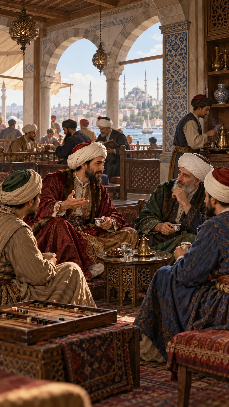 AI-generated historical-inspired Ottoman coffeehouse scene; not a record of a specific event. Origin: OpenAI image generation, 2026-10-25.
