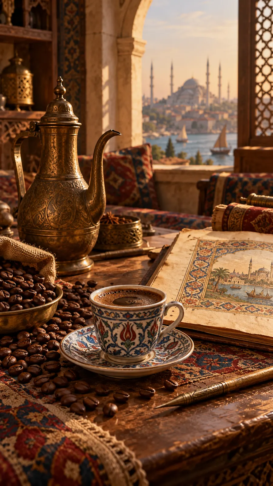 AI-generated coffee and manuscript still life; not an archival manuscript. Origin: OpenAI image generation, 2026-10-25.