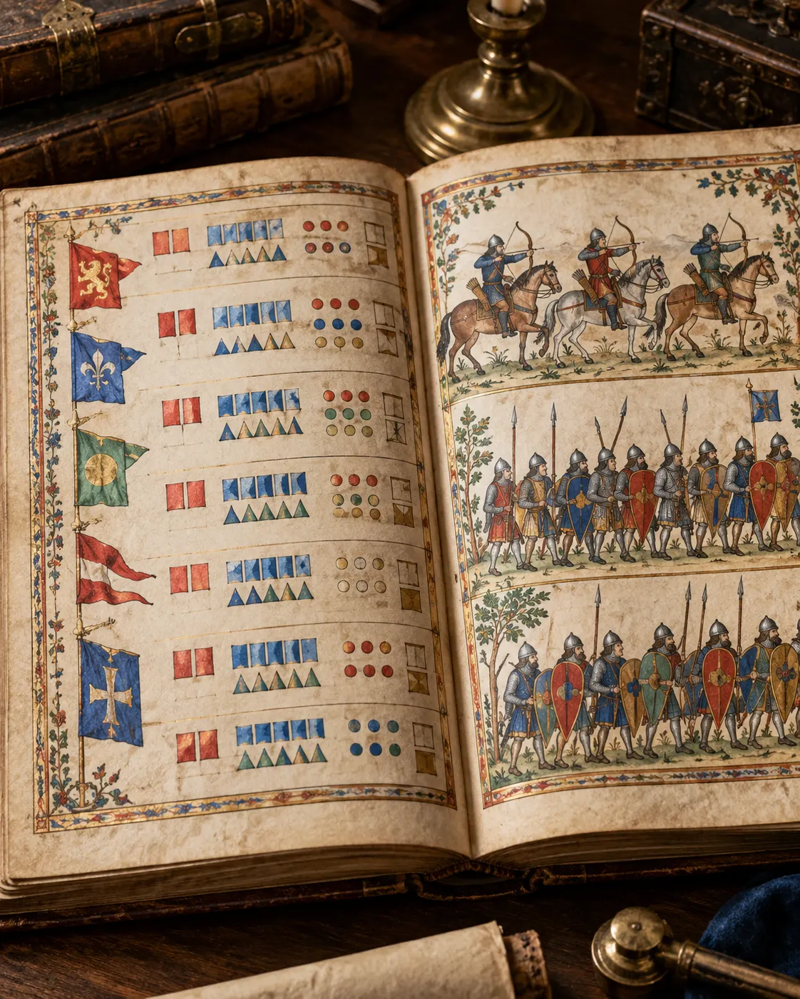 AI-generated with OpenAI image generation. Prompt: “Distinct photorealistic medieval manuscript scene for a military history article: an open illuminated ledger showing abstract rows and colored symbols beside small figures of mounted archers and armored foot soldiers, no legible words, no identifiable historical people, no weapons being used, no logos. Scholarly archive lighting, portrait 4:5.”