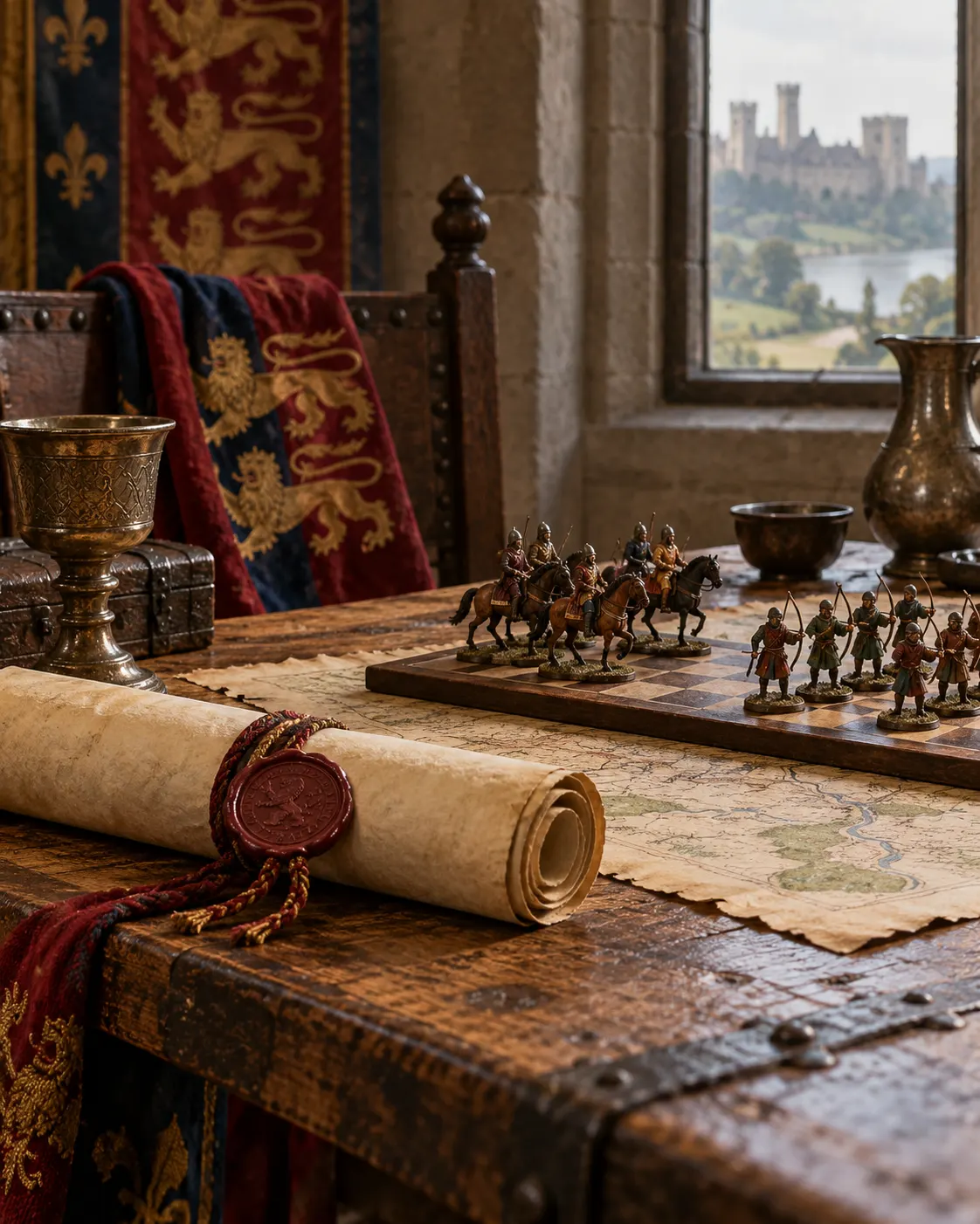 AI-generated with OpenAI image generation. Prompt: “Photorealistic editorial cover for a history article about English military organization during the Hundred Years’ War. A medieval captain’s table with a rolled parchment contract, a small chessboard arrangement of cavalry and archer miniatures, and a wax seal, no readable text, no weapons, no battle, no logos. Quiet museum-style documentary light, portrait 4:5.”