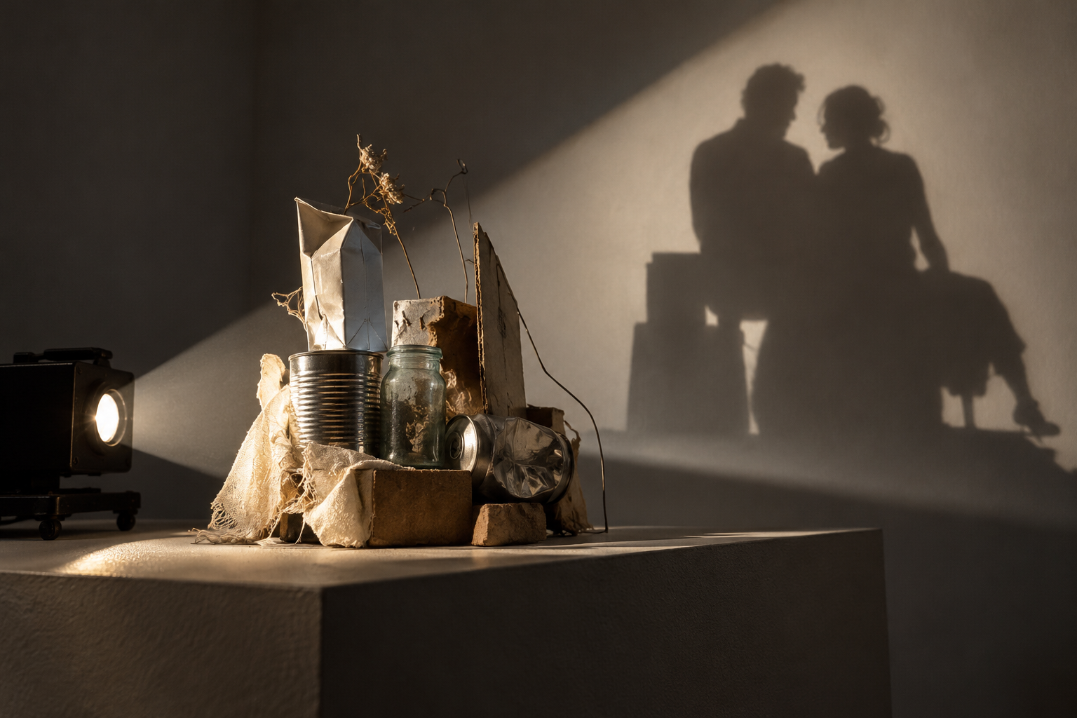 AI-generated conceptual illustration focusing on how a compact cluster of everyday objects and a single projector can make a paired seated shadow.