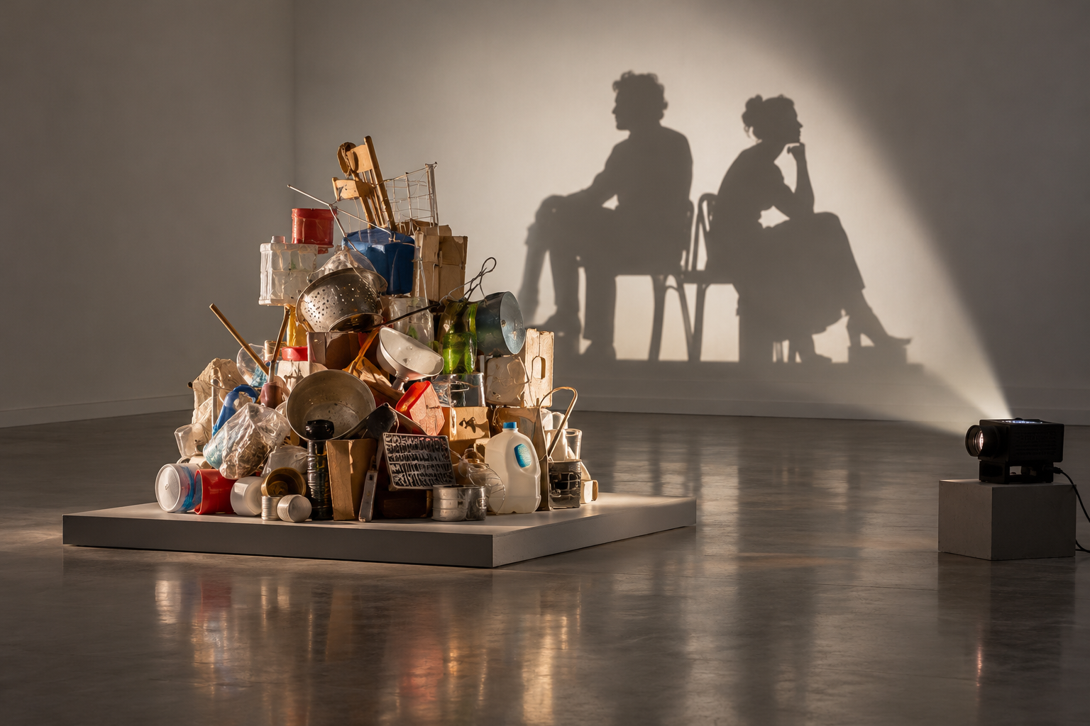 Титульна AI-згенерована ілюстрація / AI-generated cover illustration. A rubbish assemblage and projector casting a paired seated silhouette, conceptually illustrating shadow sculpture.