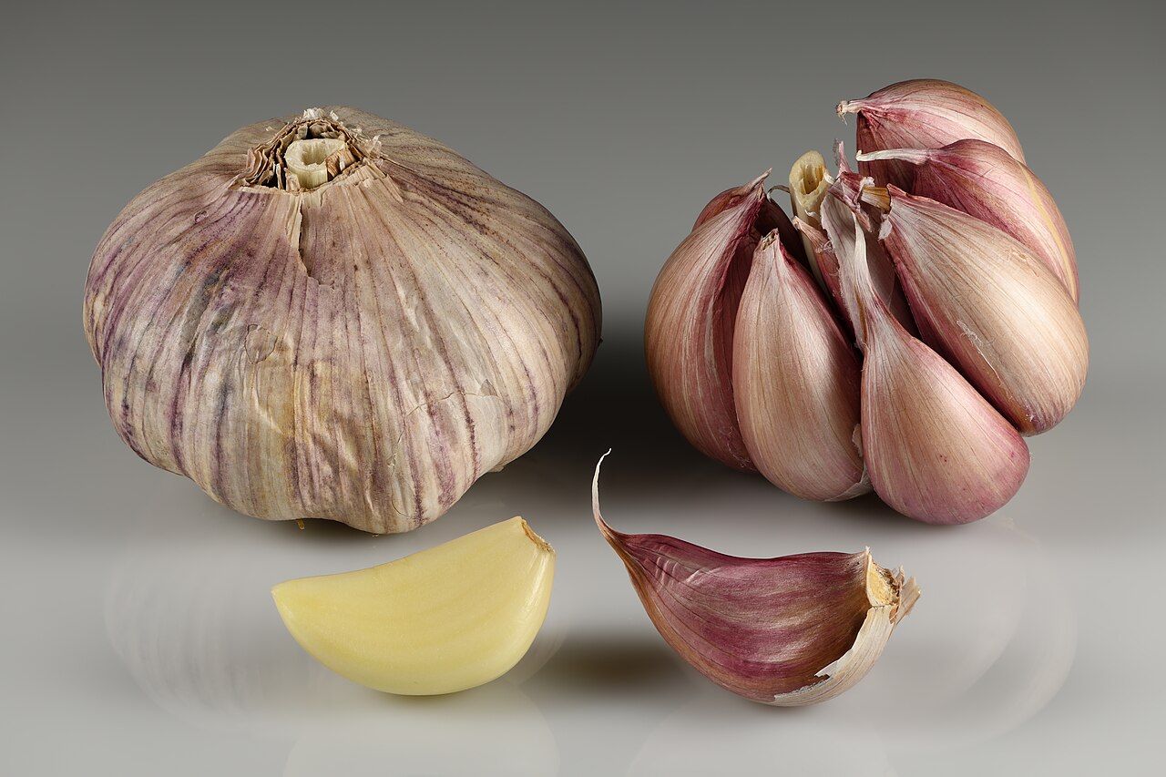 Garlic bulbs and cloves. Original file: [Garlic bulbs and cloves.jpg](https://commons.wikimedia.org/wiki/File%3AGarlic_bulbs_and_cloves.jpg). Creator: Ivar Leidus. License: CC BY-SA 4.0 (https://creativecommons.org/licenses/by-sa/4.0). Attribution: Ivar Leidus. Downloaded from the verified Commons file page; unaltered image. Checked 2026-10-25.