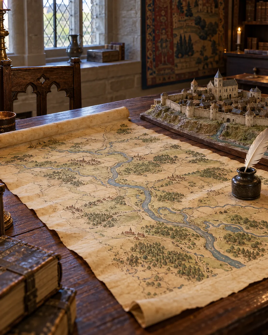 AI-generated with OpenAI image generation. Prompt: “Distinct photorealistic editorial museum scene illustrating medieval campaign history: a parchment map of the Western Bug river region on a wooden table with a small stone town model and a quill, no legible labels, no battle, no weapons, no logos. Soft archive lighting, historically respectful, portrait 4:5.”
