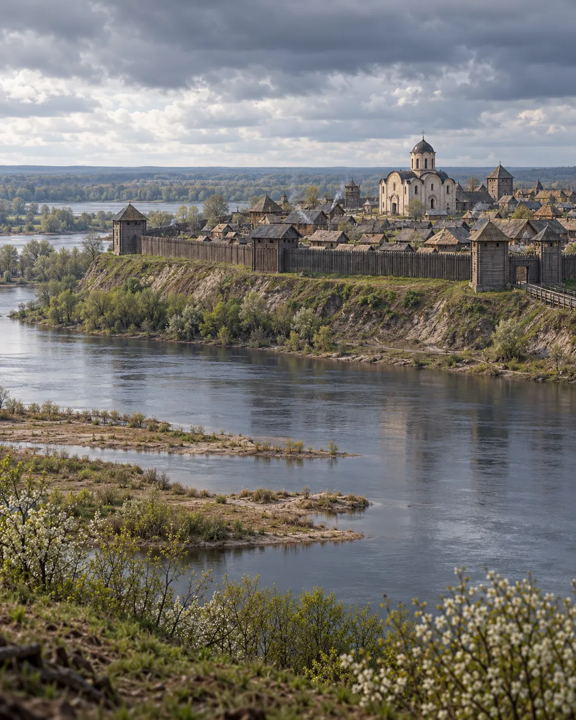 AI-generated with OpenAI image generation. Prompt: “Photorealistic editorial cover for a medieval history article about the 1238 campaign at Dorohychyn. A reconstructed 13th-century riverside town with wooden palisade and stone church under overcast spring skies, viewed from a distance, no battle, no weapons, no casualties, no flags, no readable text. Respectful historical documentary reconstruction, portrait 4:5.”