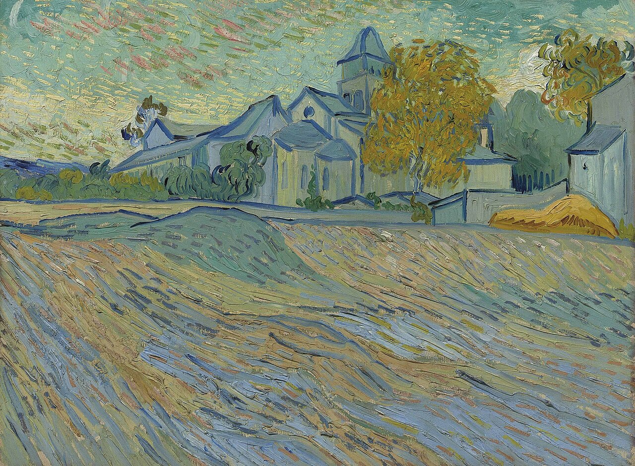 View of the Asylum and Chapel of Saint-Rémy, 1889, by Vincent van Gogh; contextual image of the place he painted while receiving care, not evidence for a diagnosis. Original file page: https://commons.wikimedia.org/wiki/File:Vincent_van_Gogh_-_View_of_the_Asylum_and_Chapel_of_Saint-R%C3%A9my_%28F803%29.jpg. Faithful reproduction of a public-domain work; Public Domain Mark 1.0. Wikimedia thumbnail 1280 px, no crop; checked and visually inspected 2026-10-28.