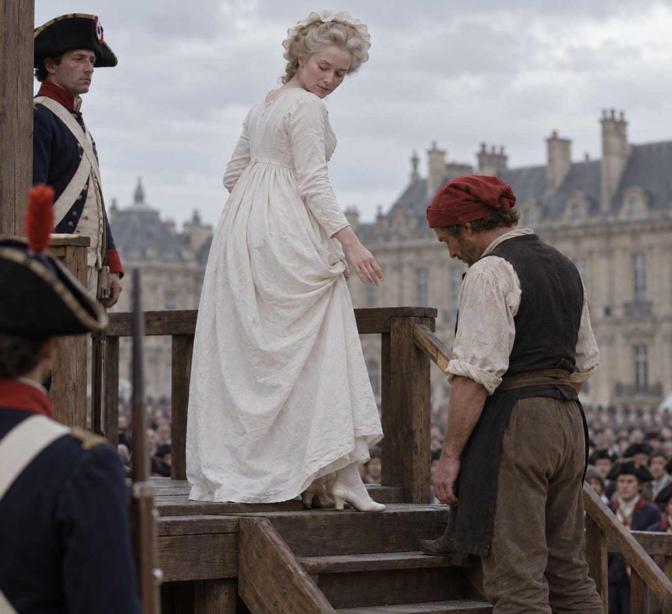 Титульна AI-згенерована ілюстрація / AI-generated cover illustration. A non-graphic reconstruction of Marie Antoinette apologizing after stepping on the executioner’s foot as she mounts the scaffold.