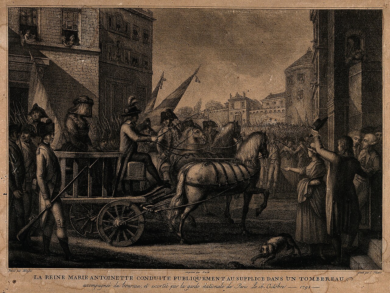 1793 aquatint with engraving, *Queen Marie Antoinette led to her execution on a horse-cart*, by C. Silanio after Aloisin. Wellcome Collection / Wikimedia Commons, CC BY 4.0: https://commons.wikimedia.org/wiki/File:Queen_Marie_Antoinette_led_to_her_execution_on_a_horse-cart_Wellcome_V0041870.jpg. Credit: C. Silanio after Aloisin / Wellcome Library, London. Adapted as a 1280 × 960 px Wikimedia derivative; checked 2026-10-25.