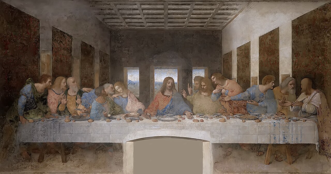 Leonardo da Vinci’s mural *The Last Supper*, the work at the center of the legend. Photograph/reproduction by LoganTheWatermelon, 2016; Wikimedia Commons file page licenses the image CC BY-SA 4.0. Credit: LoganTheWatermelon, Wikimedia Commons; link to https://creativecommons.org/licenses/by-sa/4.0 and indicate no changes. Original page: https://commons.wikimedia.org/wiki/File:The_Last_Supper_Leonardo_Da_Vinci_-_High_Resolution.jpg. Downloaded 2026-10-28 at 1280 px; no edits.
