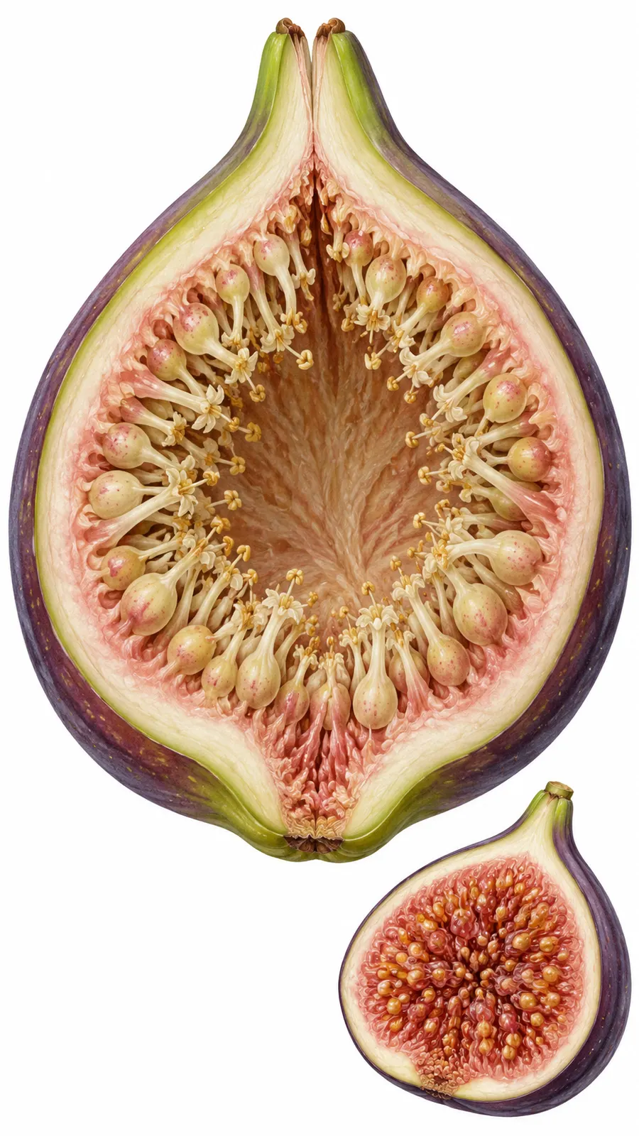 AI-generated educational cutaway of a fig syconium showing tiny flowers on the inner wall and a ripe fig for comparison. Illustrative, not a botanical specimen photograph.