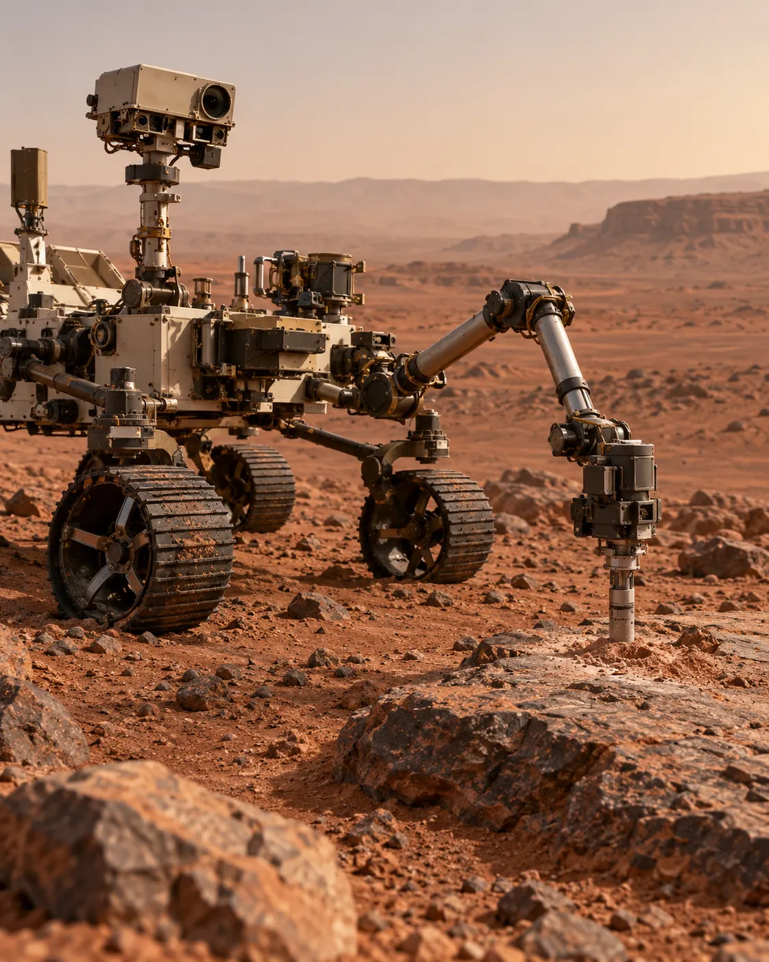 AI-generated generic Mars rover collecting a sample; not an actual NASA rover image and no life detection is implied. Prompt: “Photorealistic editorial view of an uncrewed Mars rover collecting a rock core sample on a barren red landscape, generic rover inspired by current planetary exploration but not an exact NASA vehicle, vertical 4:5. No people, labels, logos, or claim that life was detected.” Generated 2026-10-19.