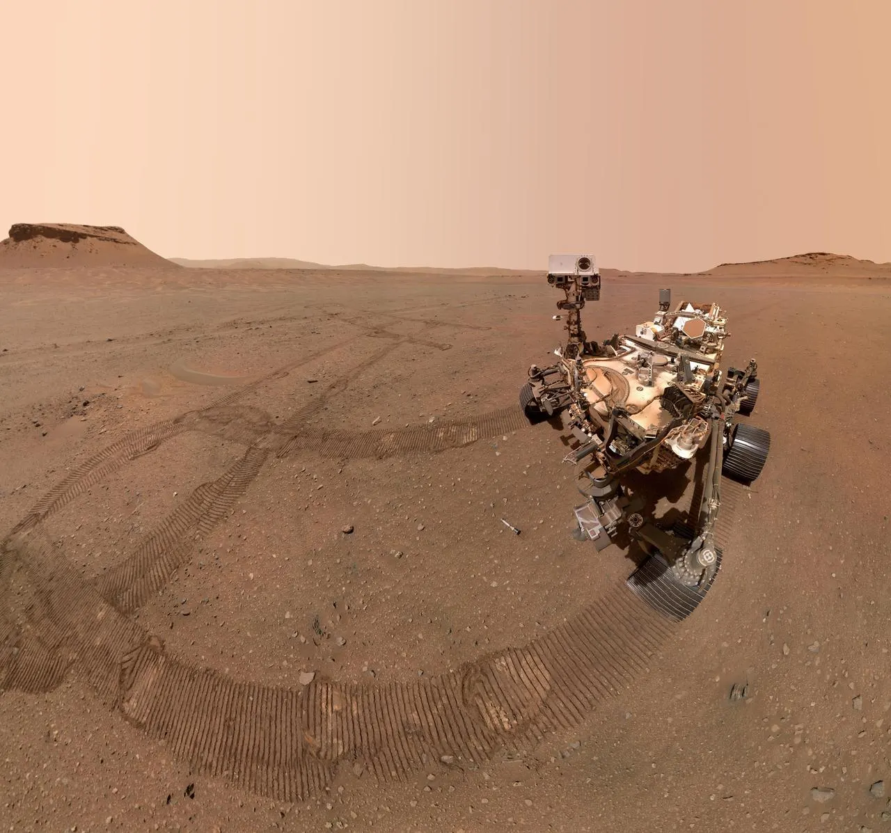 documentary image of NASA’s Perseverance rover at its Three Forks sample depot on Mars, with sample tubes visible; NASA/JPL-Caltech/MSSS; NASA image, public-use terms at https://www.nasa.gov/nasa-brand-center/images-and-media/; no alteration. Original asset: https://science.nasa.gov/photojournal/perseverances-three-forks-sample-depot-selfie/ (PIA25681). Documents a sample depot, not a discovery of life.