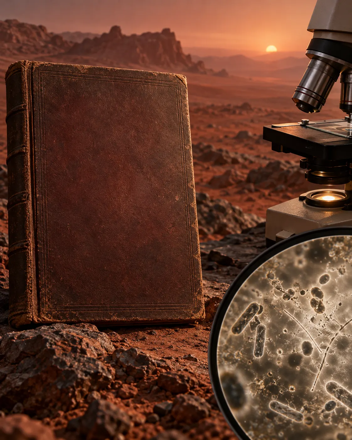 AI-generated cover: symbolic blank novel, microscope view of bacteria-like forms, and Mars-like landscape. The microbes are fictional visual symbolism, not evidence of life beyond Earth. Prompt: “Photorealistic editorial cover for H. G. Wells's fictional ending in The War of the Worlds and modern astrobiology: antique blank science-fiction book beside a microscope view of tiny bacteria shapes, with a muted Mars-red landscape in the background, vertical 4:5. No readable text, real book cover, named microbes, or claim life has been discovered beyond Earth.” Generated 2026-10-19.