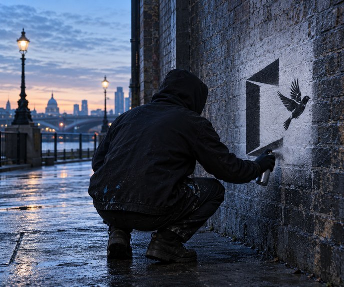 AI-generated symbolic cover. An anonymous figure makes an invented bird stencil on a city wall; symbolic scene, no actual Banksy artwork or identity.