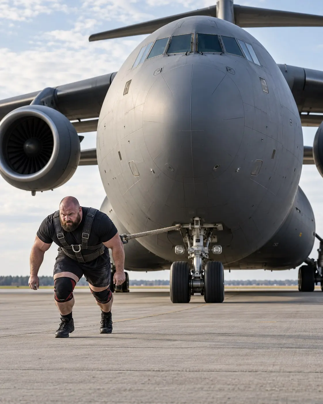 AI-generated cover illustration of a fictional adult strongman pulling a parked C-17-like aircraft; not Kevin Fast or his record attempt. Prompt: “Photorealistic vertical 4:5 editorial cover of a fictional adult strongman in athletic clothes braced in a safe static rope-and-harness setup beside the nose landing gear of a parked military transport aircraft resembling a C-17 on a wide airport apron, aircraft stationary, dramatic scale, documentary sports photography, no visible strain or injury. Fictional illustration, not Kevin Fast or his record attempt. No military insignia, logos, text or numbers.” Generated 20 October 2026.