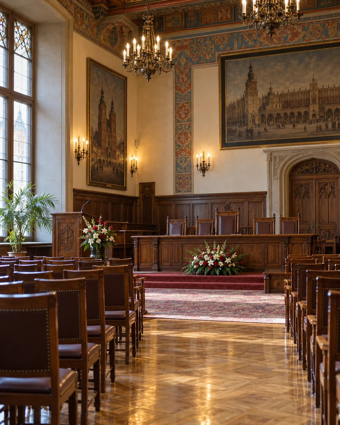 AI-generated editorial reconstruction of an empty Kraków civic chamber prepared for a public honor; not a photograph of Lem’s 1997 ceremony.
