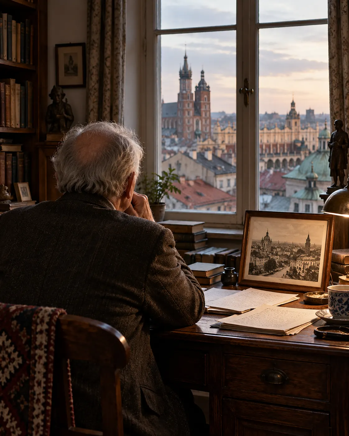 AI-generated editorial reconstruction evoking Kraków as home and memory of Lviv, with a writer seen from behind in a Kraków study.