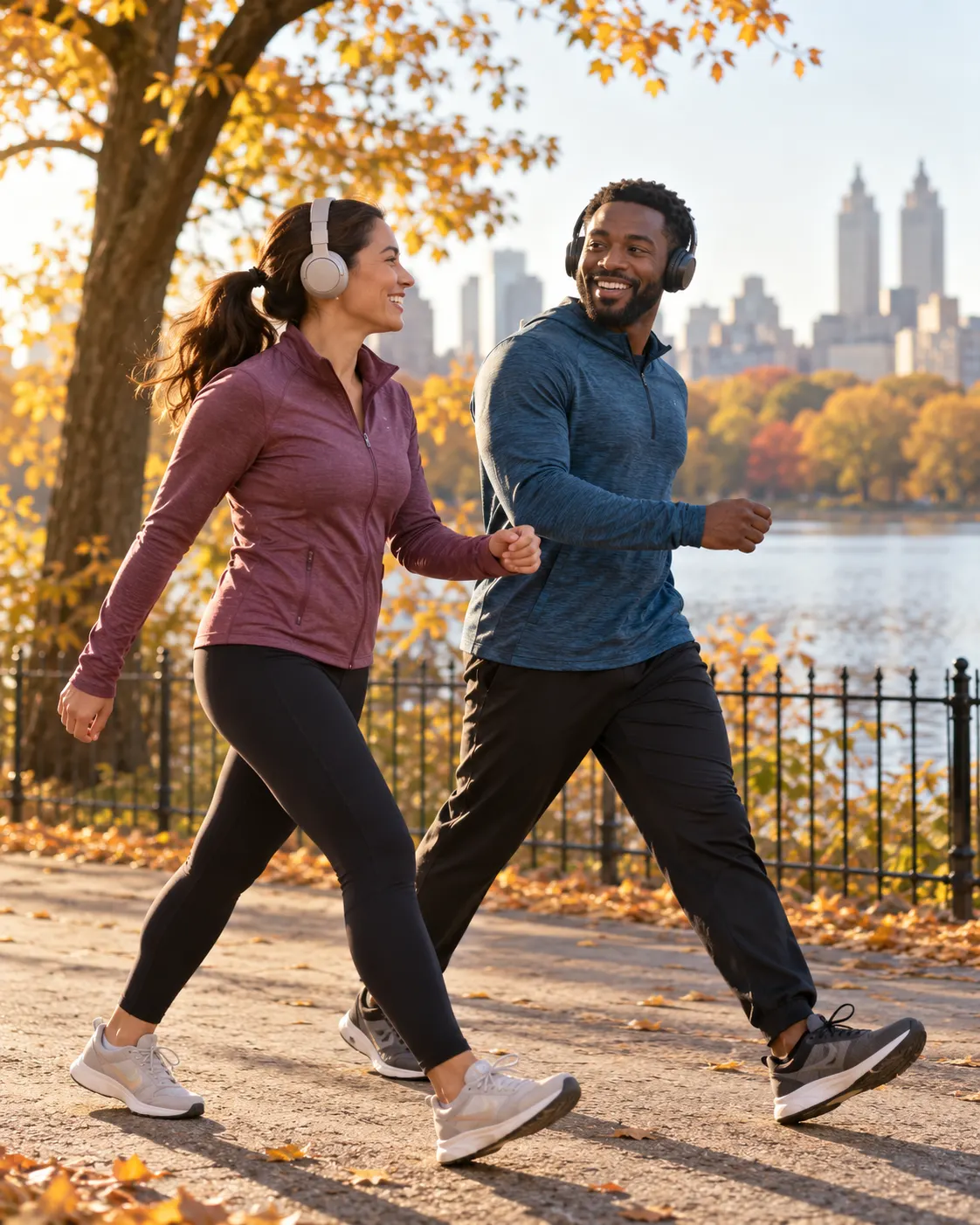 AI illustration of two adults power-walking with headphones in a city park.