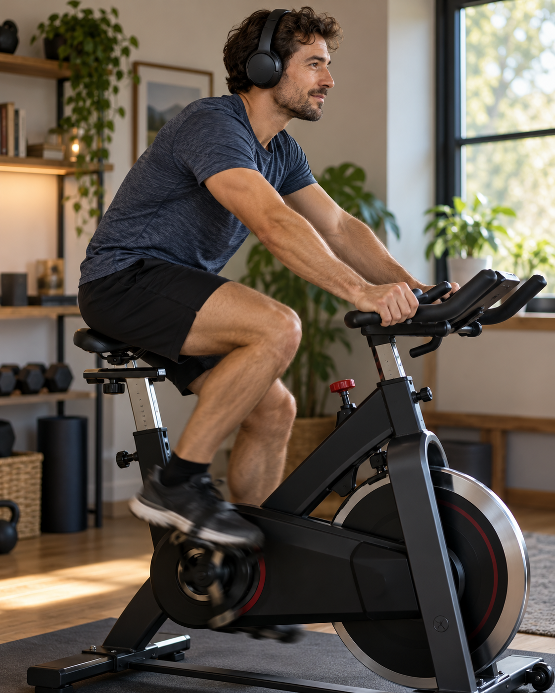 AI illustration of an adult exercising on a stationary bicycle while listening to music.