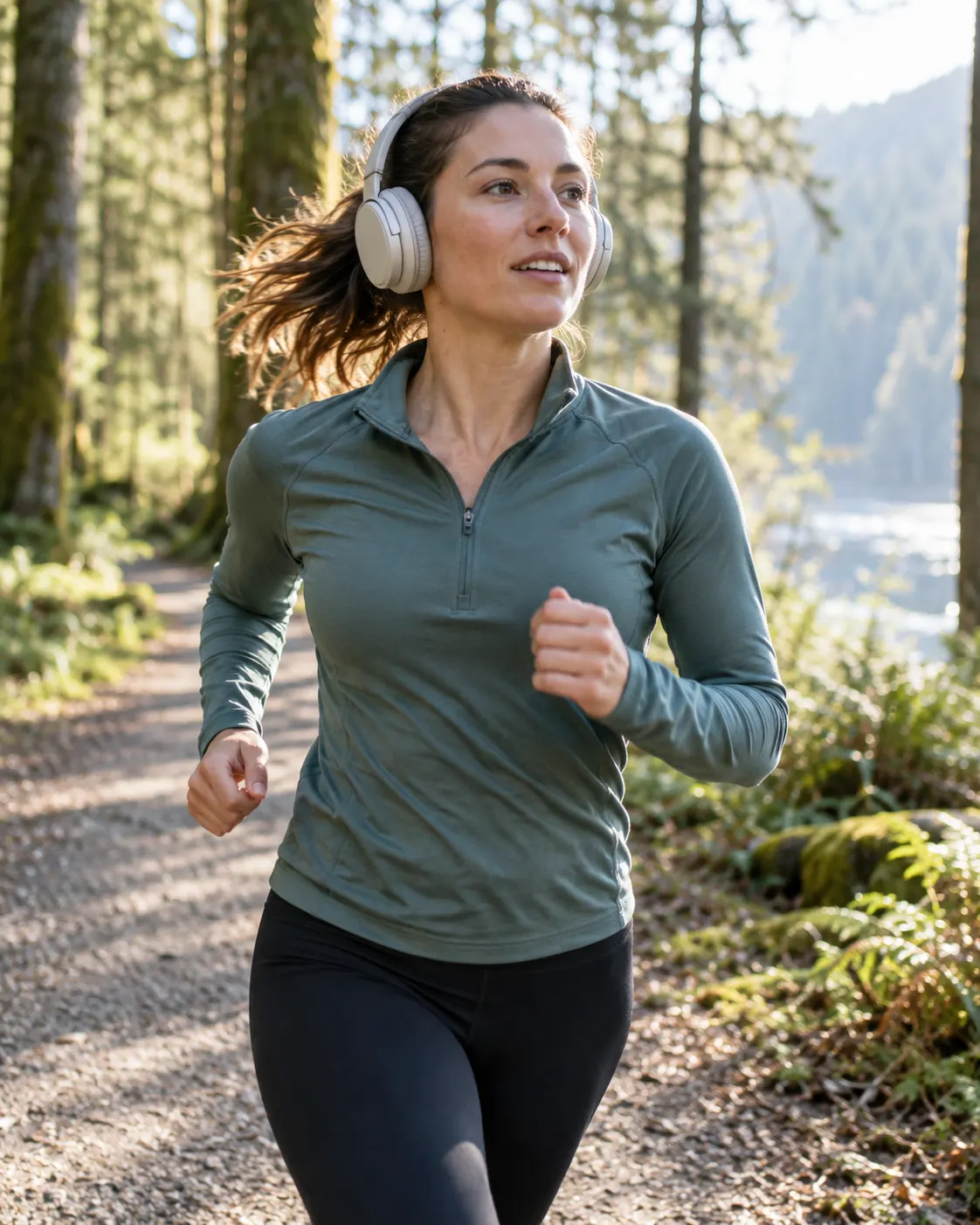AI-generated editorial cover, created 2026-10-25. Prompt: “Create one realistic documentary editorial photograph, portrait 4:5 crop, for a science education article about how music can make aerobic exercise feel easier. A real adult runner on a forest path wearing modest over-ear headphones, mid-stride, natural candid expression, morning daylight, credible sports documentary photography, subtle motion, no logos, no text, no graphics, anatomically accurate.” This is illustrative, not a documentary image of a study participant.